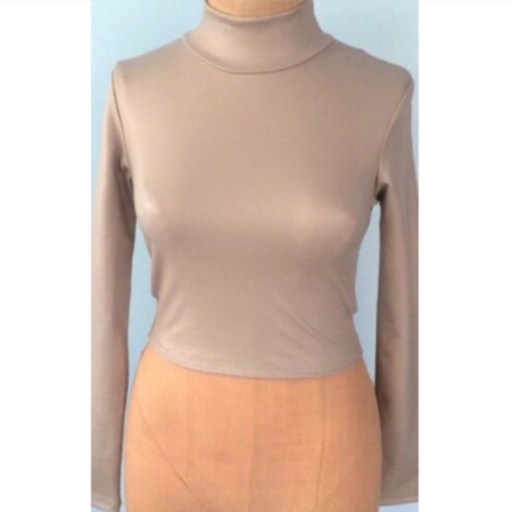 Imagenation Women's Crop Top Blouse Beige Turtleneck Long Sleeve Size S